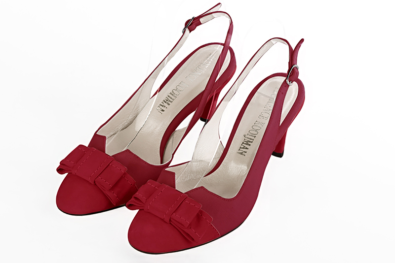 Cardinal red women's open back shoes, with a knot. Round toe. Medium slim heel. Front view - Florence KOOIJMAN